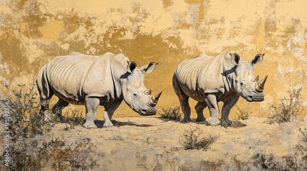 Pair of white rhinos wandering through the rugged terrain of Namibia Kalahari desert, surrounded by sparse vegetation. Pair of white rhinos wandering through the rugged terrain of Namibia Kalahari desert, surrounded by sparse vegetation.