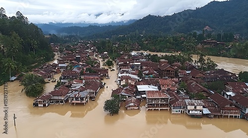 Floodwaters inundate a village nestled in a valley, houses partially submerged.