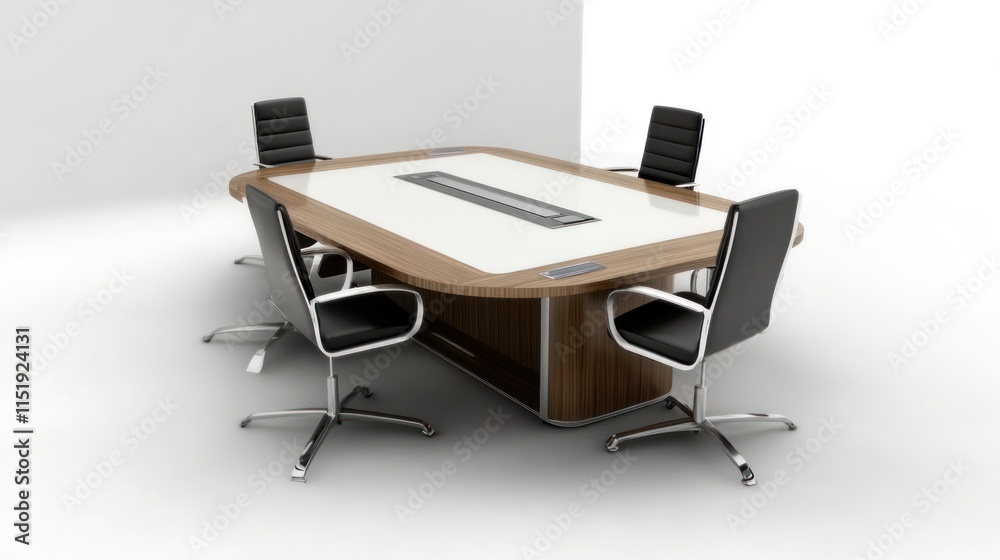 Modern Conference Room Setup: Sleek Wooden Table with Black Leather Chairs Modern Conference Room Setup: Sleek Wooden Table with Black Leather Chairs