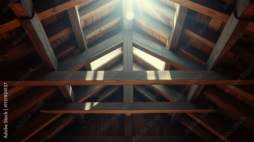 Fototapeta premium Sunlight streams through a complex network of wooden beams, creating a geometric pattern of light and shadow in the attic space.