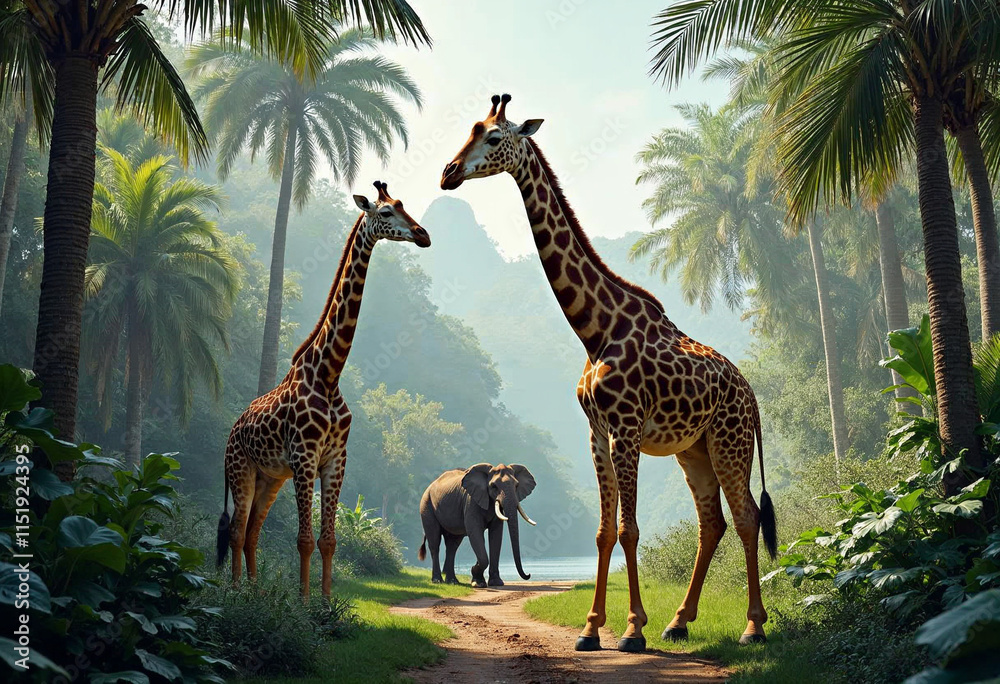 Obraz premium wallpaper elephants giraffe