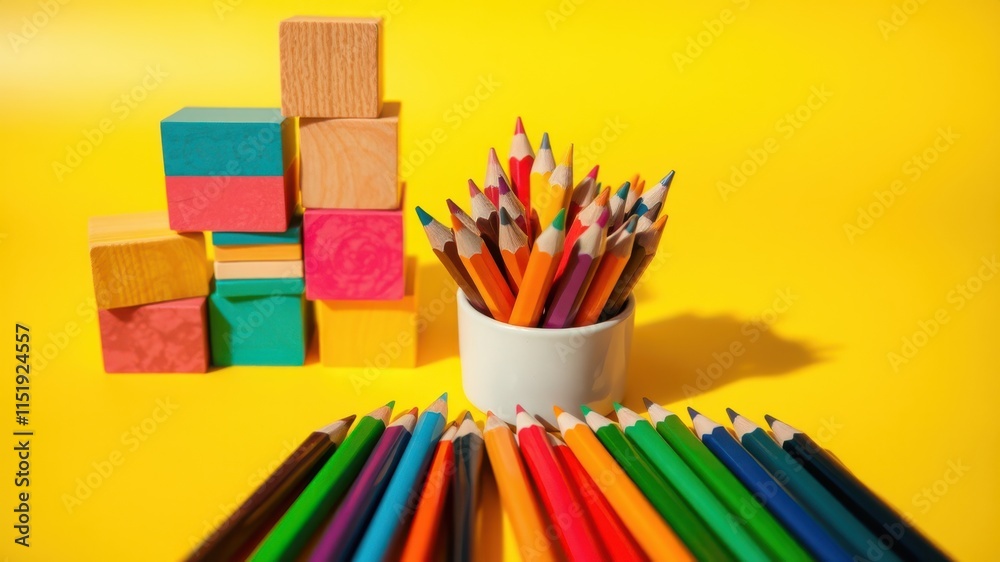 Fototapeta premium A Colorful Array of Pencils in a White Cup with Wooden Blocks on a Yellow Background