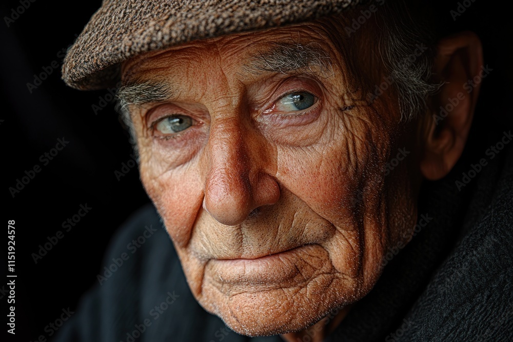 Elderly man with cap portrait close-up, wrinkles showing wisdom. Elderly man with cap portrait close-up, wrinkles showing wisdom.