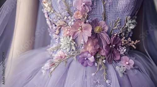 Close-up of a lavender bridal gown adorned with vibrant floral appliqués on delicate white mesh tulle, showcasing intricate craftsmanship that creates a dreamy, romantic wedding aesthetic. photo