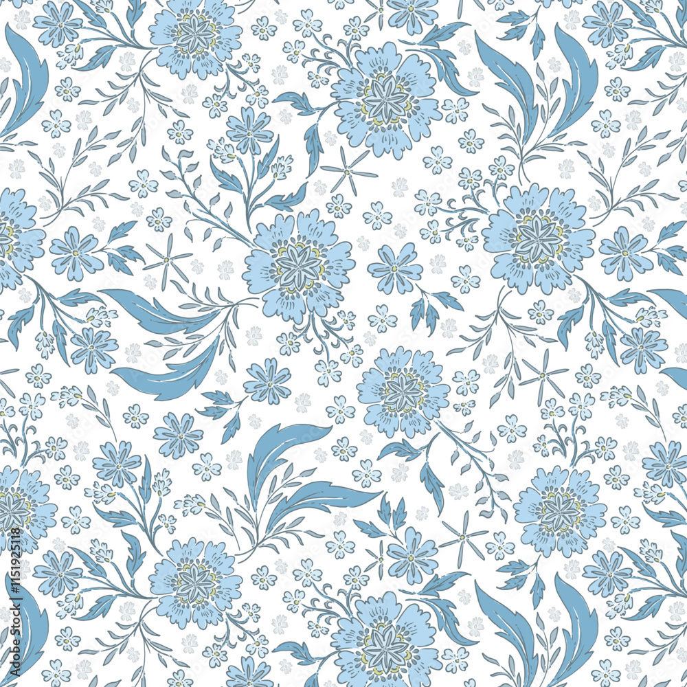 Fotografie Winter Blue Traditional Chintz Style Folk Art Pattern