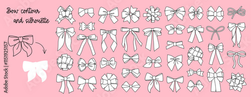 Big set of hand drawn decorative holiday ribbon bow for gift, present, envelope. Simple contour, outline, silhouette bow-ball wrapping for birthday, Christmas, New Year. Isolated Flat Vector EPS10	
