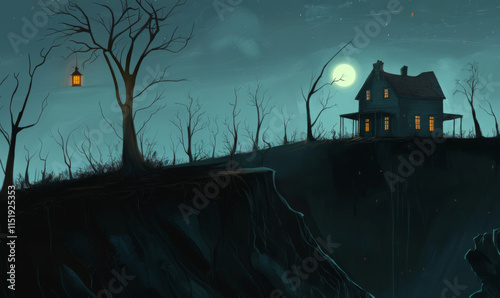 a typical double story house, landscape view, horror, midnight, cozy 