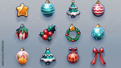 Christmas Symbols set. Colorful christmas icons isolated on white transparent background. Traditional Xmas attributes photo