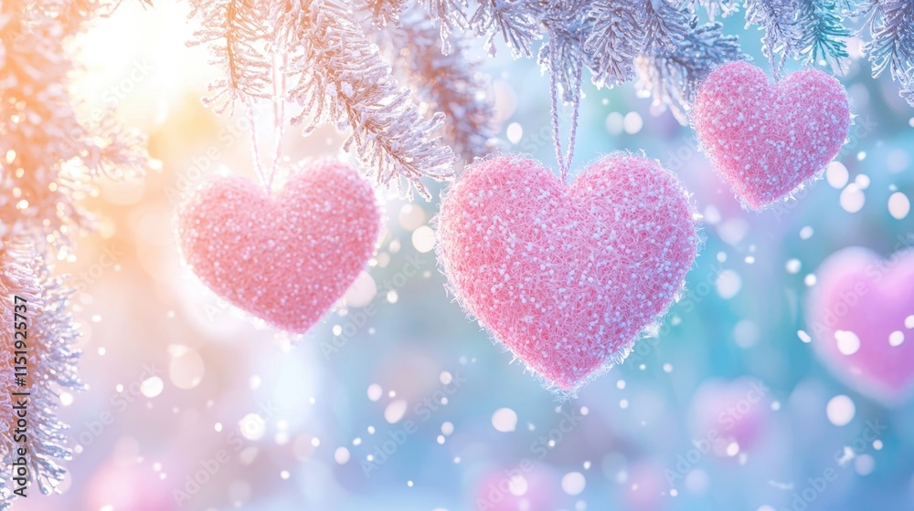 Obraz premium Winter Love Pink Hearts Hanging on Snowy Branches