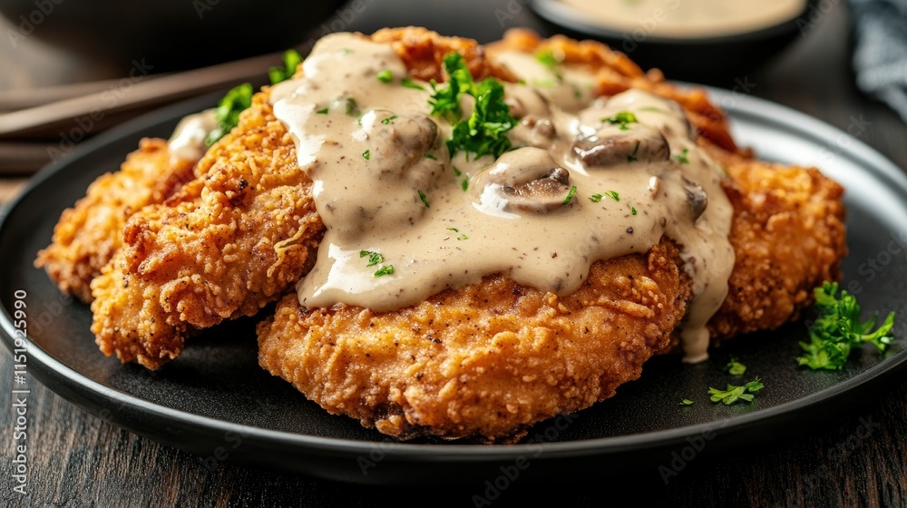 Savory fried chicken breast in creamy mushroom sauce, styled on a black plate with a moody background for culinary concepts. Savory fried chicken breast in creamy mushroom sauce, styled on a black plate with a moody background for culinary concepts.