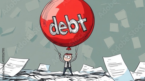 Small Business Owner Facing Financial Pressure, cartoon character with giant debt balloon, surrounded by overwhelming paperwork, humorous yet poignant depiction photo