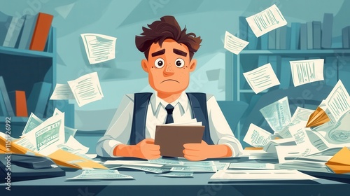 Cartoon businessman with empty wallet, surrounded by unpaid bills and bankruptcy notice, depicting financial struggle and concern