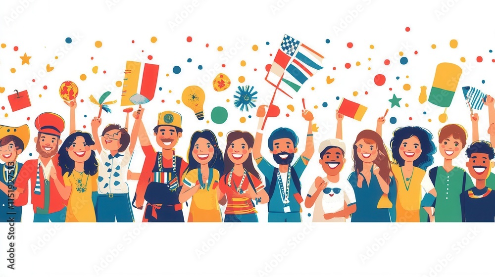Fototapeta premium Global Unity Celebration, vibrant gathering showcasing diverse cultures and nations, fostering connection and understanding among participants