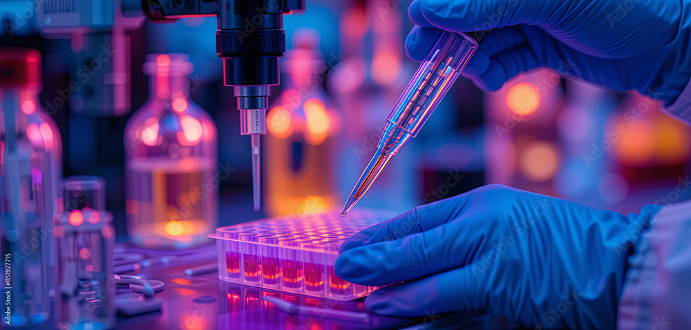 Tech Using Pipette A scientist in blue gloves carefully transfers liquid using a pipette ...