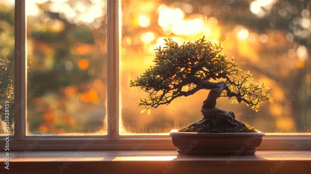 Miniature bonsai tree in pot on windowsill at sunset. Miniature bonsai tree in pot on windowsill at sunset.