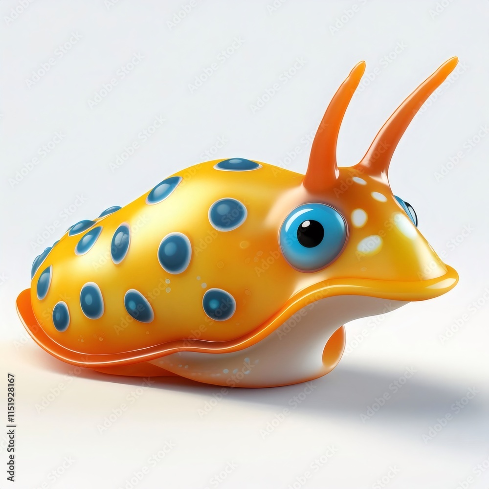 Fototapeta premium 3D cartoon firefly nudibranch with big blue eyes and orange antennas crawling on white background