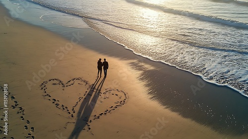 Couple's Beach Romance: A Golden Hour Aerial View photo