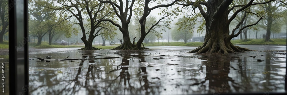 Fototapeta premium The distorted reflection of a tree or other landscape features in a puddle of water on an old glass windowpane during a rainy spring day, landscape photography, puddle water