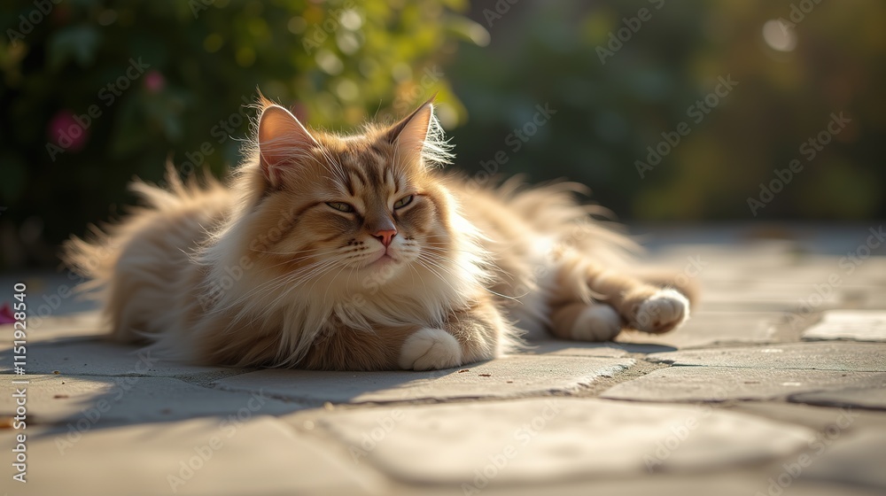 Cat lounging on stone slab in flower garden. Cat lounging on stone slab in flower garden.