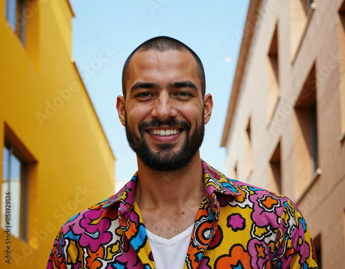 Young Man with a Shaved Head and Colorful Shirt in an Urban Setting