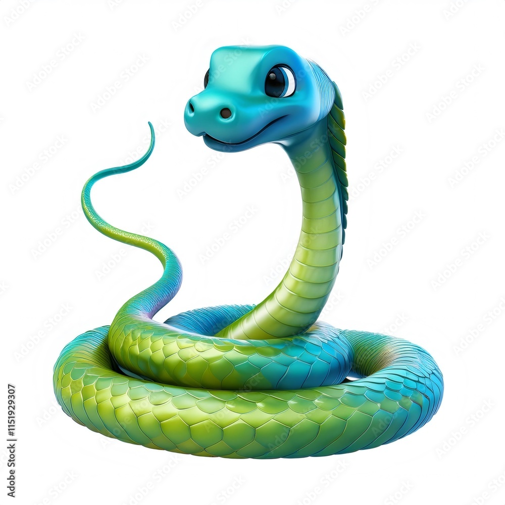 Fototapeta premium Friendly cartoon 3D sea snake curling body, smiling and displaying vivid green blue scales on clean white surface