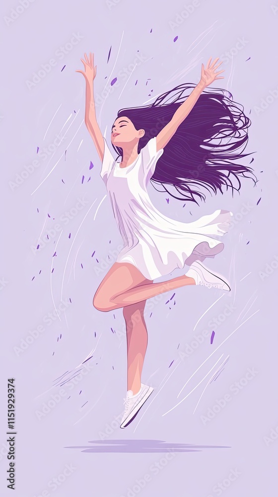 Young Woman Joyfully Leaping in White Dress Young Woman Joyfully Leaping in White Dress