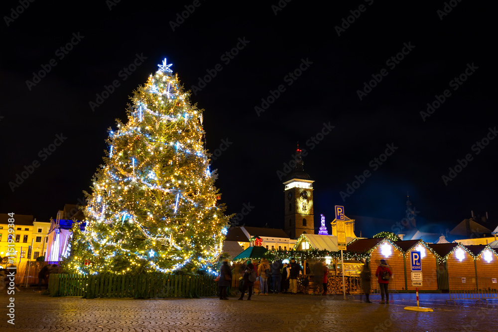 Christmas market and Christmas tree in Ceske Budejovice. Christmas Eve.