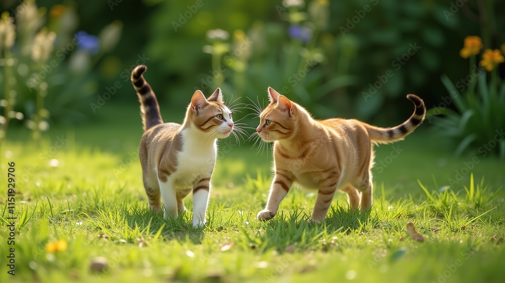 Two playful kittens in a garden during sunlight. Two playful kittens in a garden during sunlight.
