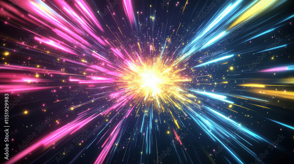 Vibrant explosion of colorful light rays radiating from central point, creating dynamic visual effect Vibrant explosion of colorful light rays radiating from central point, creating dynamic visual effect