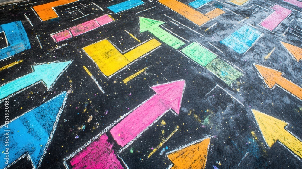Fototapeta premium Chalk Art Shopping Mall Map, vibrant arrows guiding through colorful sections, engaging layout for easy navigation in a lively shopping environment