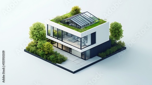 A 3D isometric illustration of a minimalist house with a rooftop greenhouse, showcasing modern sustainable living.