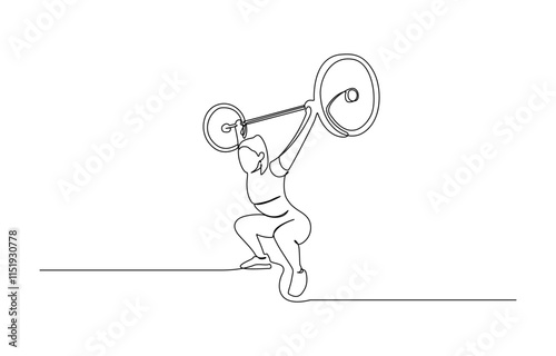 Woman lifting weights continuous one line drawing, One continuous line drawing young bodybuilder woman doing exercise with a heavy weight bar in gym. Powerlifter train weightlifting concept.