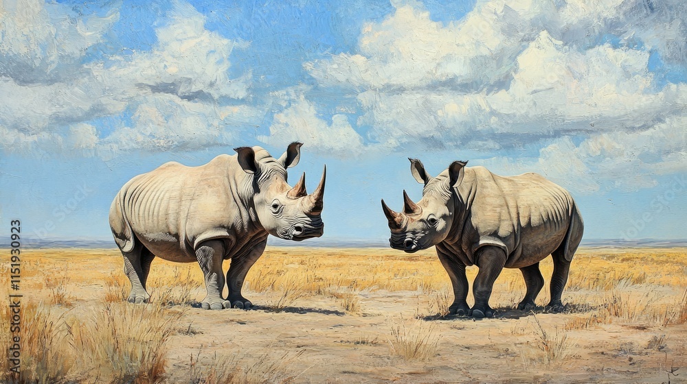 Obraz premium Wildlife safari scene with two white rhinoceroses captured in their natural habitat in the vast expanse of the Kalahari desert.