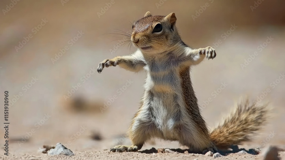 Wildlife scene of a South African ground squirrel standing on its feet, showcasing its natural behavior in Namibia wild terrain. Wildlife scene of a South African ground squirrel standing on its feet, showcasing its natural behavior in Namibia wild terrain.