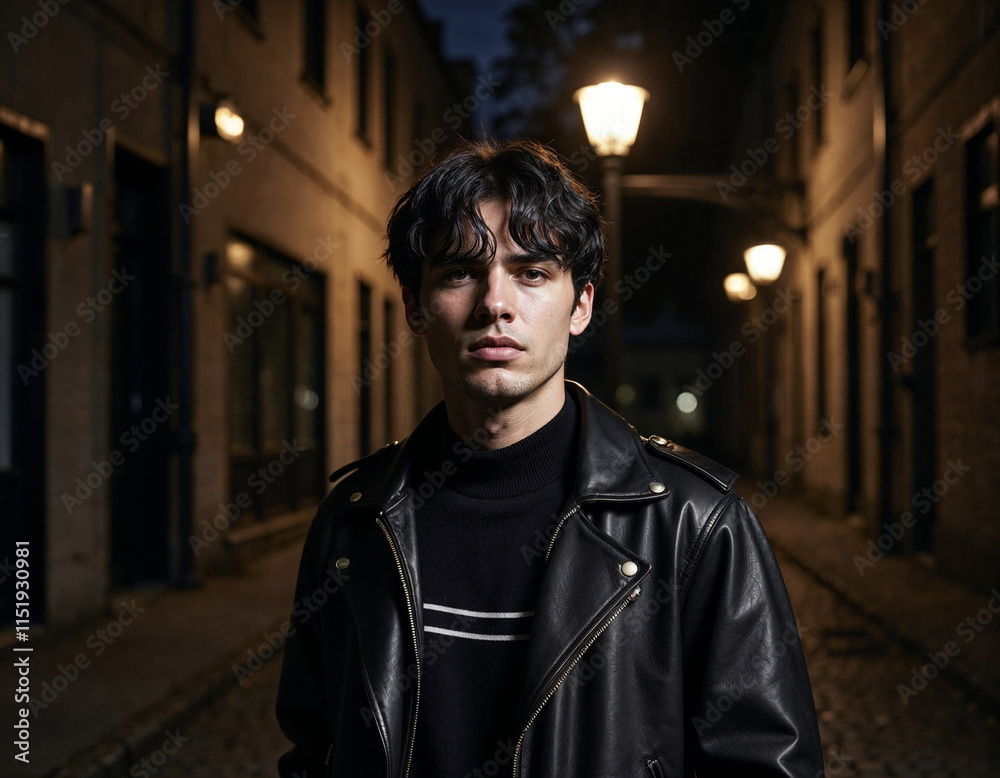 Fototapeta premium Young Man in a Leather Jacket Under a Streetlamp at Night