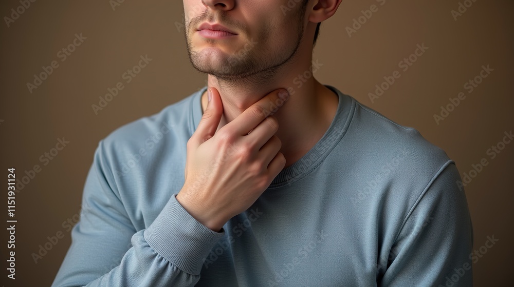 Man touching his throat due to pain or discomfort. Man touching his throat due to pain or discomfort.