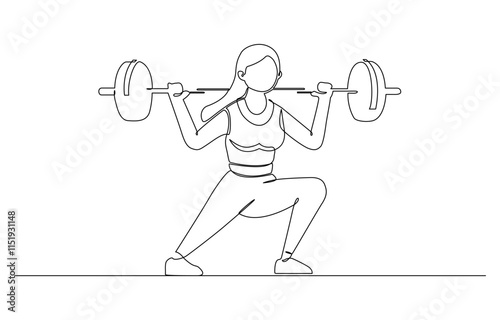 Woman lifting weights continuous one line drawing, One continuous line drawing young bodybuilder woman doing exercise with a heavy weight bar in gym. Powerlifter train weightlifting concept.