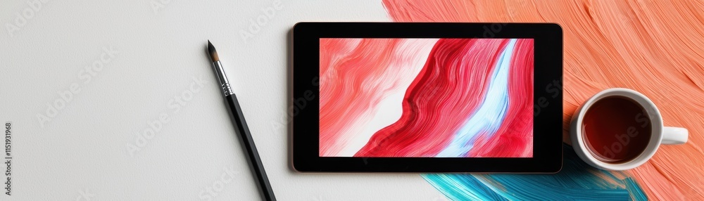 Naklejka premium A modern tablet displaying a digital artwork, lying next to a stylus and a cup of tea, symbolizing creativity and technology