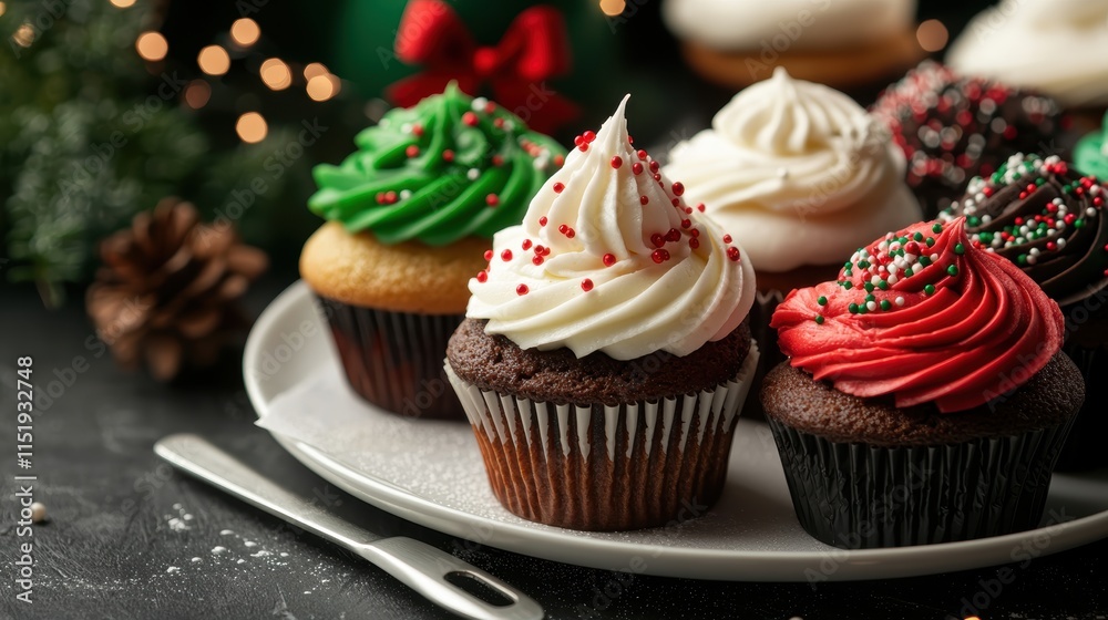 A plate of holiday-themed cupcakes topped with intricate frosting designs, surrounded by sprinkles and baking tools A plate of holiday-themed cupcakes topped with intricate frosting designs, surrounded by sprinkles and baking tools
