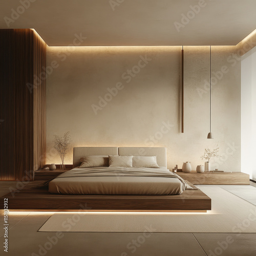 Wallpaper Mural Spacious bedroom with minimalistic design featuring warm lighting, wooden accents, and cozy atmosphere. Perfect for relaxation and tranquility Torontodigital.ca