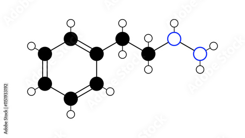 phenelzine molecule, structural chemical formula, ball-and-stick model, isolated image antidepressant photo