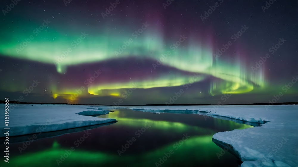 custom made wallpaper toronto digitalGlowing Aurora Borealis Illuminating The Night Sky Over A Frozen Tundra, With The Reflection Shimmering On A Still Icy Lake