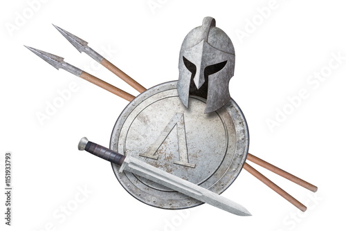 Photos spartan helmet sword shield and two spears isolated on white