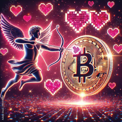 Celebrate Valentine's Day with Love and Technology! Bitcoin Sparks Heart, AI Cupid Shoots Arrow of Love, Cryptocurrency Growth Chart, The Perfect Mix of Romance, Wealth and Innovation