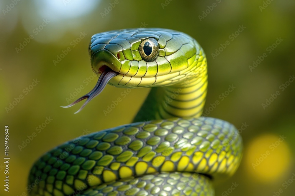 Close-Up of a Green Snake with Detailed Scales and Flicking Tongue, Capturing the Beauty of Wildlife in a Natural Setting, Perfect for Nature Enthusiasts and Educators Close-Up of a Green Snake with Detailed Scales and Flicking Tongue, Capturing the Beauty of Wildlife in a Natural Setting, Perfect for Nature Enthusiasts and Educators