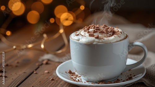 Steaming hot chocolate with whipped cream in cozy setting.