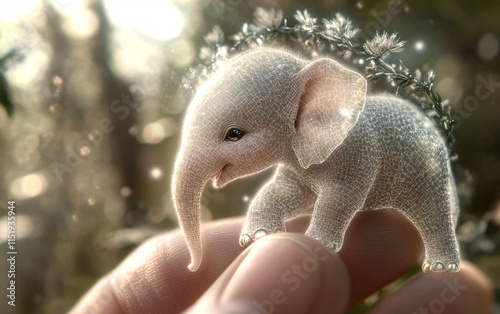 Adorable handcrafted miniature elephant figurine with lifelike details, perched on a fingertip, surrounded by soft natural tones, perfect for whimsical craft or art themes photo