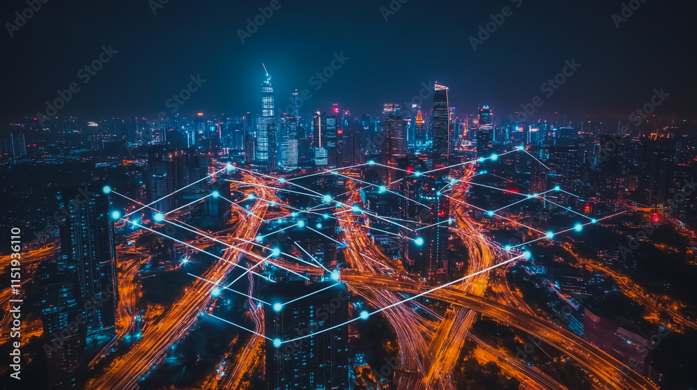 Obraz premium Smart digital city with connection cyber security network reciprocity over the cityscape . future smart wireless digital city and social media networking systems that connects people within the city