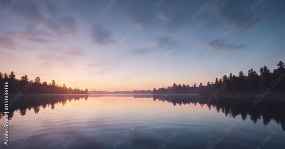 Fototapeta premium Soft pastel colors blending with darkening blue sky during sunrise on a peaceful lake background, serene, lake