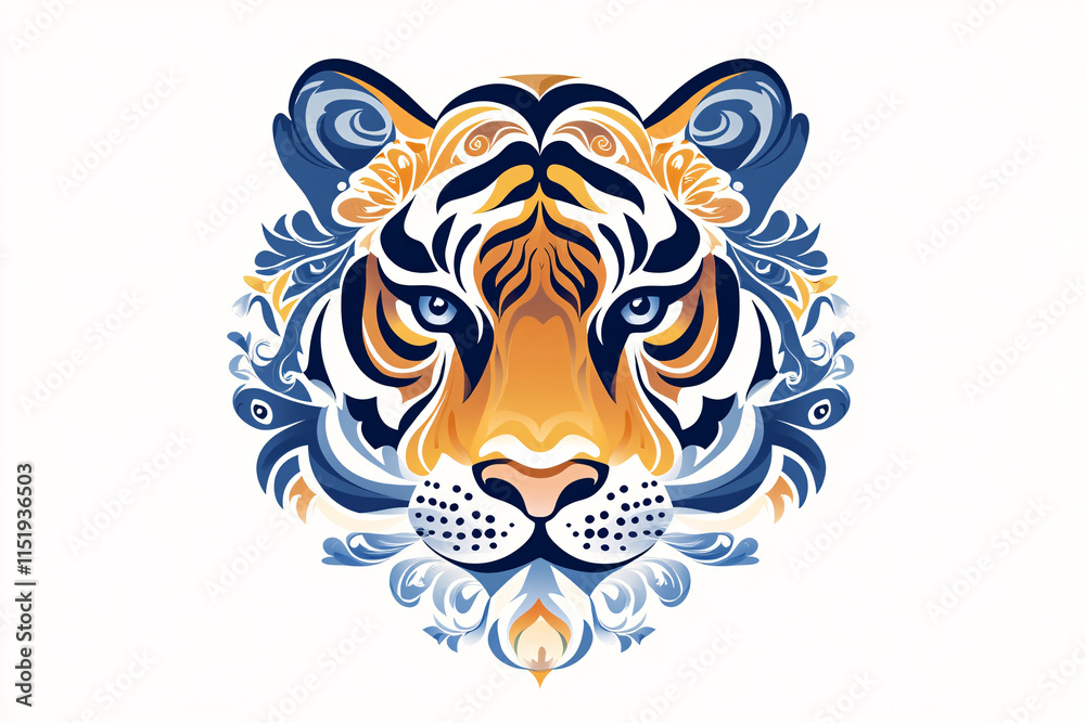 Fototapeta premium An artistic vibrant tiger head illustration featuring intricate floral patterns in blue orange and white tones 